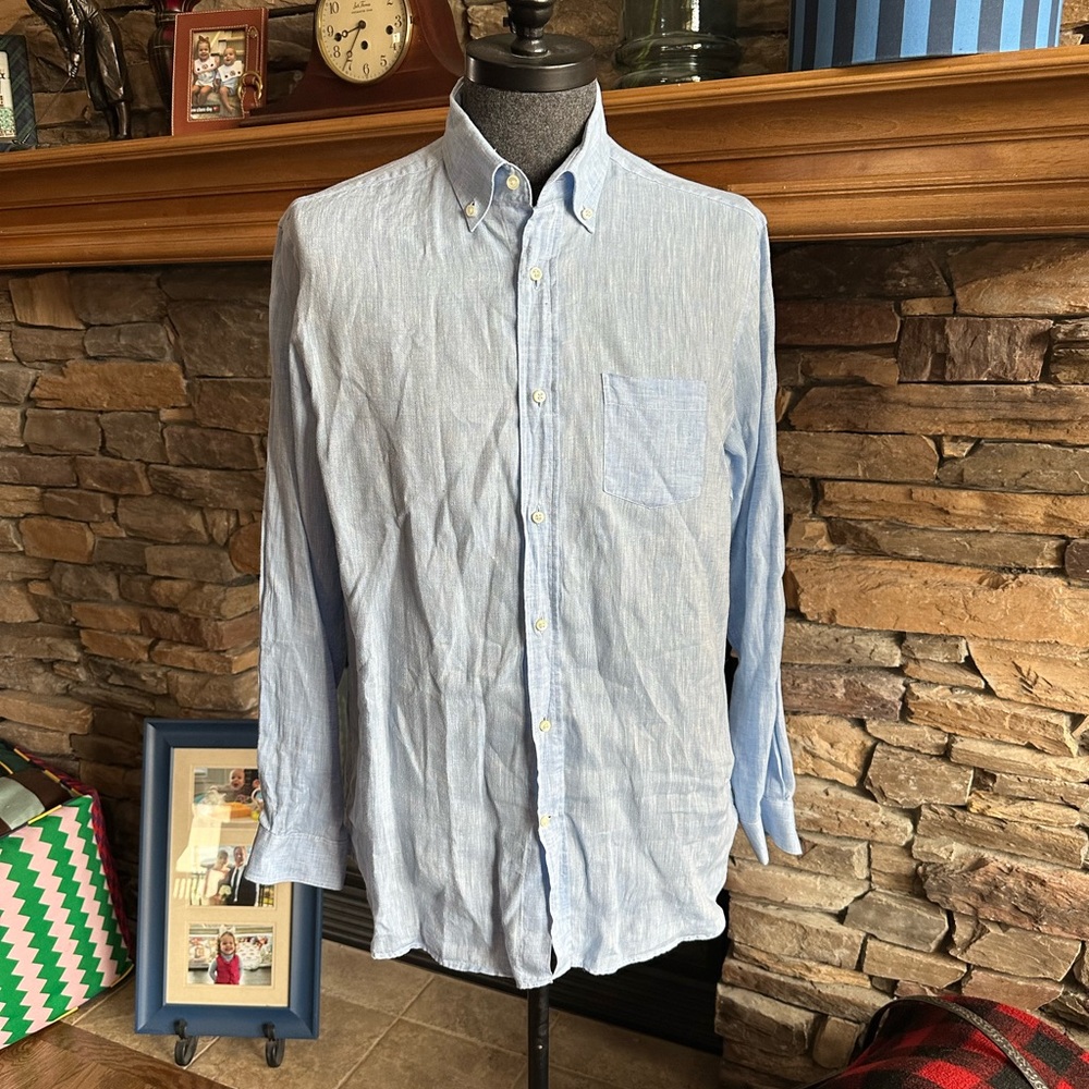 ALAN PAINE Men’s Blue 💯 Linen Long Sleeve Button Down Shirt - Size LARGE - Picture 6 of 13